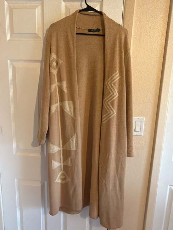 Lauren Ralph Lauren Sweaters - Lauren Ralph Lauren Tan Geometric Pattern Open Front Long Cardigan